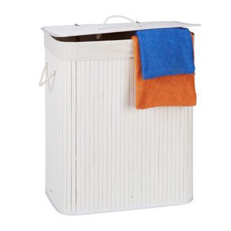Relaxdays Cesto Ropa Sucia Con Tapa Y 2 Compartimentos, Cubo Colada Plegable, Canasta, Bamb&uacute;, 95 L, Blanco - Relaxdays