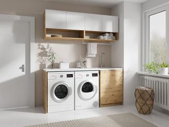 Vente-Unique Mobili per lavanderia con lavatrice e piano di lavoro L182 cm Bianco e Naturale chiaro - NATAJI