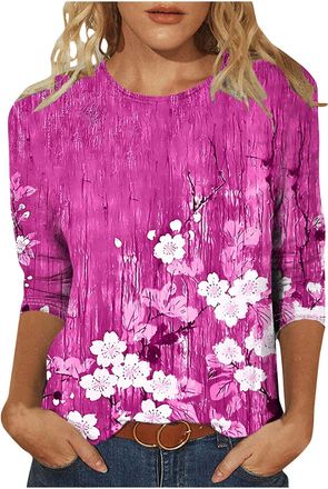 Generic Recent Orders Placed Casual 3/4 Sleeve Tunic Tops for Women UK 2025 Summer Fashion Crew Neck Lightweight Blouse Dressy Comfy Loose Fit Shirts Ladies E