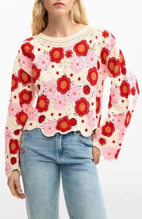 Desigual Floral Cotton Blend Crochet Sweater in Off White at Nordstrom, Size Medium