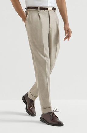 Brunello Cucinelli Virgin wool moulin&eacute; twill trousers with pleat in Grey at Nordstrom, Size 44