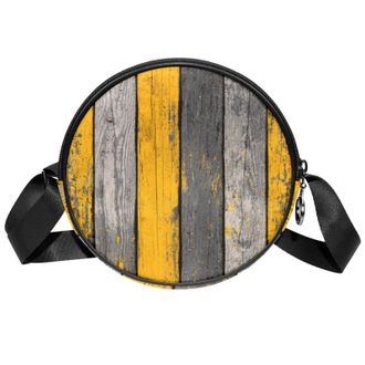 Generic Circle Crossbody Bag for Women, Yellow Grey Gradient Wood Planks Pattern Small Sling Bag Daypack with Zipper Adjustable Shoulder Straps Casual Ladies 