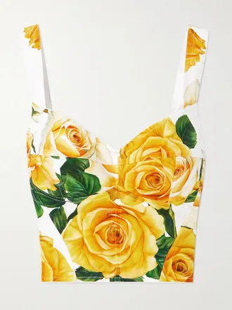 Dolce & Gabbana Crop Top In Popeline Di Misto Cotone Floreale - Giallo