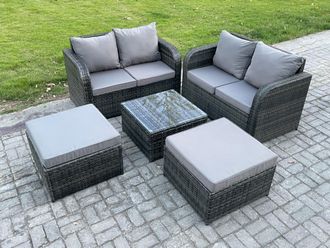 Fimous Rattan Sofa Set Outdoor Garden Furniture Set with Square Coffee Table Loveseat Sofa 2 Big Footstool Dark Grey Mixed