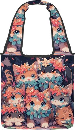 Generic Colorful Cartoon Kitten Reversible Canvas Shoulder Tote - Double-Sided Print, 12oz Cotton, 27cm Drop, Fold-Flat Bag for Travel, Shopping, Street Outin