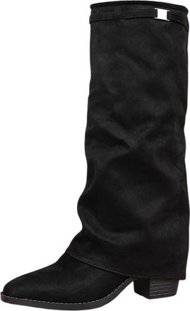 Generic Fold Over Slouchy Knee high Boots Women Faux Suede Leather 6.5cm Chunky Block High Heel Round Toe Pull on Riding Biker Boots Western Style Long Shoes 