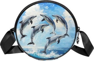 Generic Circle Crossbody Bag for Women, Dolphins Blue Sky Small Sling Bag Daypack with Zipper Adjustable Shoulder Straps Casual Ladies Girls Round Purse