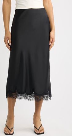 Open Edit Lace Trim Satin Midi Skirt in Black at Nordstrom, Size Xx-Small