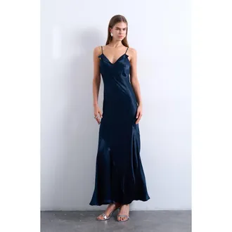 Topshop Folded Neck Satin Slip Maxi Dress in Navy at Nordstrom, Size 10 Us