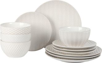 Gibson Home Oyster Tide 12-Piece Embossed Reactive Glaze Stoneware Dinnerware Set in White at Nordstrom