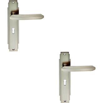 Loops 2x PAIR Line Detailed Handle on Lock Backplate 205 x 45mm Satin Nickel in Metallics