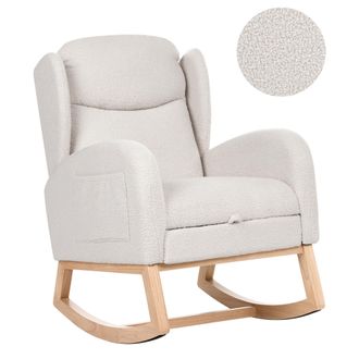 Beliani Mecedora Moderna Con Reposapi&eacute;s Tapizado De Boucl&eacute; Patas De Madera Reposabrazos Sal&oacute;n Blanco Crema Haslev