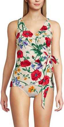 Lands End Chlorine Resistant Side Tie V-neck Tankini Swimsuit Top in Egret/poppy Floral at Nordstrom, Size 6
