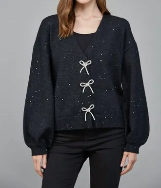 Fate Rhinestone Bow Sequin Cardigan Sweater In Heather Black