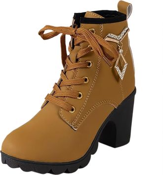 Generic 2026 Ladies Snow Boots Solid Versatile Large Size Thick Heel Mid Short Sleeve Leather for Women Lace Up Round Toe Casual Fashionable Ankle (Brown, 6.5