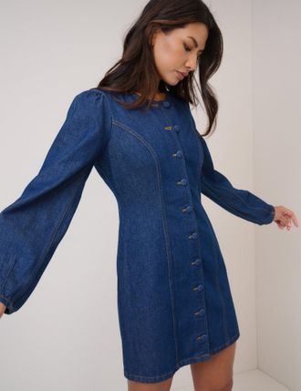 Nobody's Child Blue Denim Balloon Sleeve Gemini Shift Mini Dress