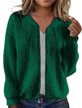 Generic Zip Up Cardigan Sweaters for Women 2024 Fall Trendy Crew Neck Long Sleeve Casual Lightweight Cable Knit Jacket Coat (Dark Green,M)