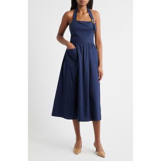 Vince Camuto Halter Neck Cotton Midi Dress in Navy at Nordstrom, Size 14
