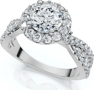 Pompeii3 1 Ct Halo Intertwined EX3 Lab Grown DIamond Engagement Ring 14k White Gold