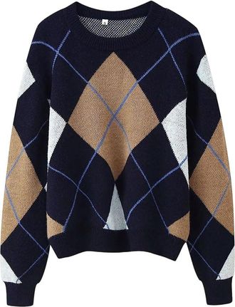 Generic Womens Round Neck Long-Sleeved Loose Rhombus Checkered Pullover Sweater