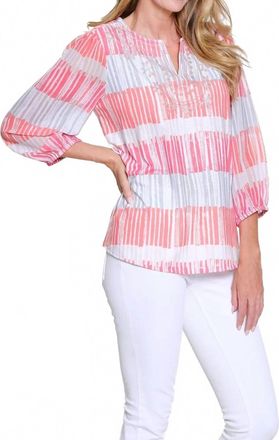 Multiples 3/4 Sleeve Notch Neck Embroidery Top In Multi