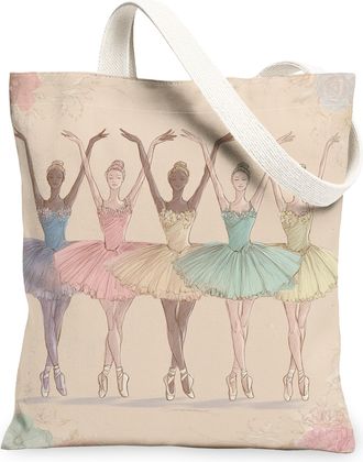 Generic Vintage Dancer Canvas Tote Bags, Floral Ballerina Pattern Reusable Grocery Bags, Lightweight Washable Canvas for Travel Bea, Beige, 13x15 Inch