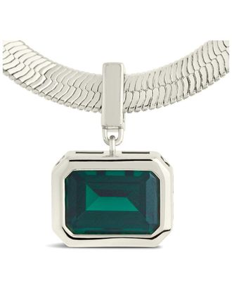 Sterling Forever Emerald CZ Calder & Herringbone Pendant Necklace