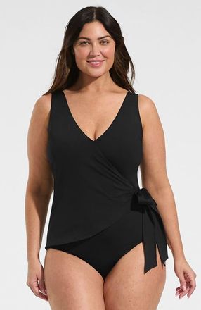 Lands End Chlorine Resistant Side Tie Wrap High Leg One Piece Swimsuit in Black at Nordstrom, Size 16W