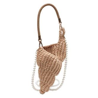 Generic Handwoven Seashell Tote Bag with Pearl Chain Crochet Conch Crossbody Bag (Khaki)