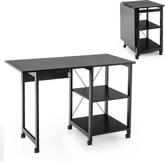 Costway Scrivania Pieghevole per Computer, Scrivania Moderna con 2 Mensole, Postazione di Lavoro per PC con 6 Ruote, Scrivania Compatta Salva Spazio