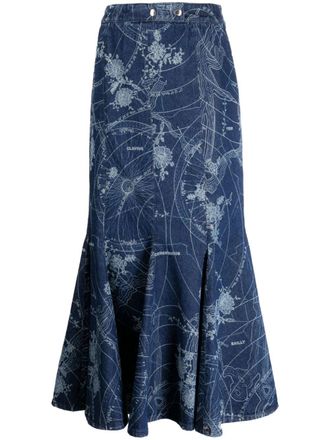Off-white graphic-print mermaid midi skirt - women - Cotton/Cotton/Polyester - 40 - Blue