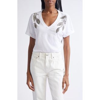 Cinq &agrave; Sept Bree Beaded Cotton T-Shirt in White at Nordstrom Rack, Size X-Large