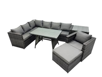 Fimous 8-seater Outdoor Rattan Sofa Set with with Chair Big Stool Side Table in Dark Grey