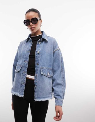 AllSaints Hettie - Giacca in denim lavaggio vintage indaco con borchie-Blu