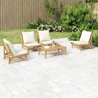 vidaXL Set De Muebles De Jard&iacute;n 5 Piezas Bamb&uacute; Y Cojines Blanco Crema Vidaxl