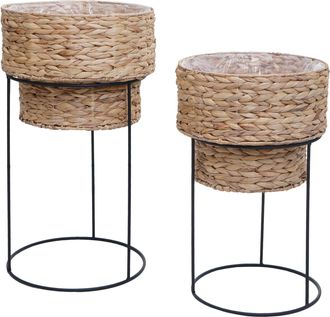 Hhg [nunca Usado] Juego De 2 Maceteros Hhg-904, Maceta, Macetero, Maceta Para Flores, Metal, Jacinto De Agua, Color Natural, Estructura Negra