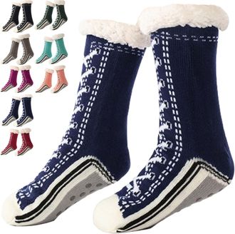 Generic Ultra-Thick Cute Slipper Home Socks, Women Winter Warm Non Slip Cozy Fuzzy Slipper Home Socks With Grippers (Navy Blue)