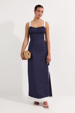 Karen Millen Womens Linen Viscose Colour Block Strappy Woven Midi Dress - Navy - Size 12 UK
