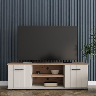 Dmora Mueble Para Tv Valda, 2 Estantes, 2 Puertas, Puertas Efecto Estriado, 137x40x44h Cm Beige