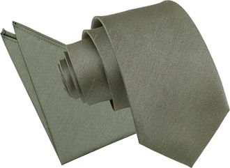 DQT Plain Shantung Wedding Modern Style Neck Tie & Pocket Square Set for Men - Sage Green