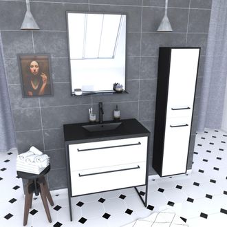 Aurlane Aurlane - Pack Mueble De Ba&ntilde;o 80x50 - 2 Cajones Blancos, Lavabo Negro, Espejo, Columna Suspendida