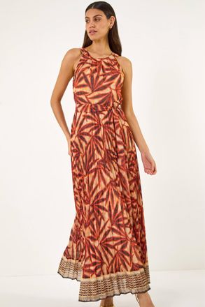 Roman Womens Abstract Pleated Halter Neck Maxi Dress - Rust - Size 12 UK