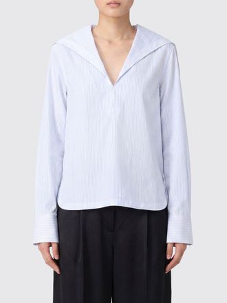 Alaia Striped Cotton Poplin Hooded Shirt with V-Neck
