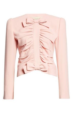 Valentino Bow Detail Crispy Lightweight Crop Wool Jacket in Rose at Nordstrom, Size 4 Us