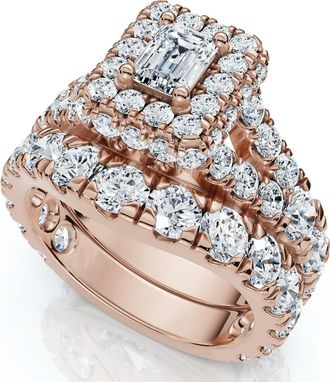 Pompeii3 4Ct TW Emerald Cut Halo Diamond Engagement Wedding Ring Set Lab Grown Gold