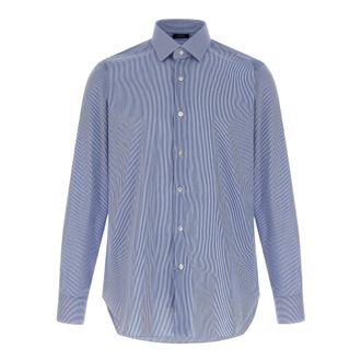 Barba Handgestikt gestreept katoen poplin overhemd - Heren - Zakelijke Overhemden - Blauw - 5XL - Katoen - Overhemden