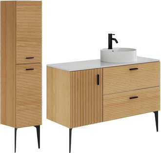 Vente-Unique Mueble de ba&ntilde;o estriado con patas con lavabo sobre encimera y columna - 1 puerta y 2 cajones - Natural claro - 120 cm - SARONE