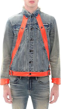 HVMAN Leather Detail Cotton Denim Trucker Jacket in Aspen at Nordstrom Rack, Size Xx-Large