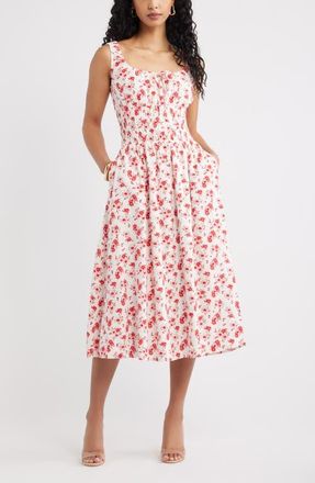 Open Edit Smocked Waist Midi Dress in Ivory- Pink Soft Hibiscus at Nordstrom, Size Xx-Small