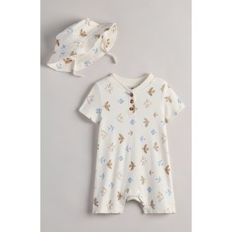 Nordstrom Print Romper & Hat Set in Ivory- Tan Heart Birds at Nordstrom, Size 12M